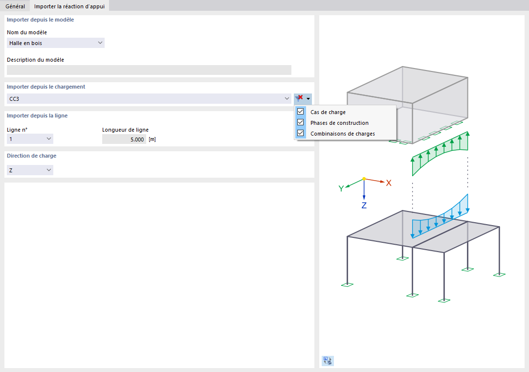 Définir le modèle, la charge et la ligne pour l'importation de la réaction d'appui