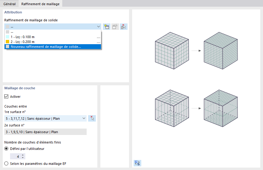 Options de raffinement de maillage de solide