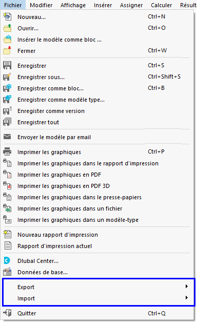 Accès aux interfaces dans le menu « Fichier »