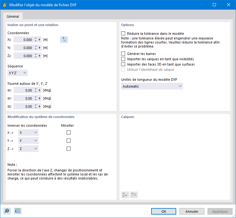Paramètres pour l’importation DXF