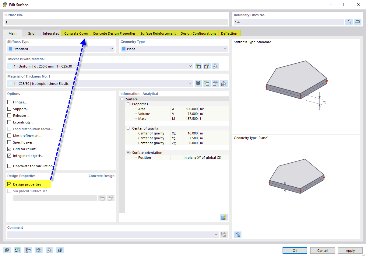 Activation des propriétés de calcul de la surface
