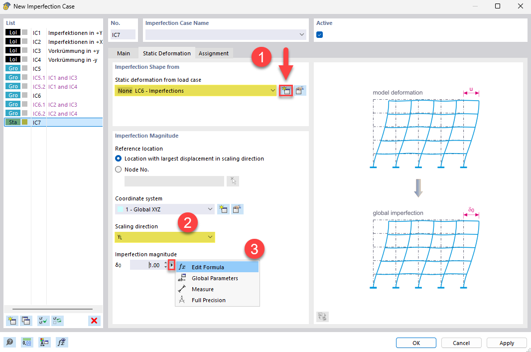 Diagramme des déformations statiques avec calculs et détails structurels pertinents.