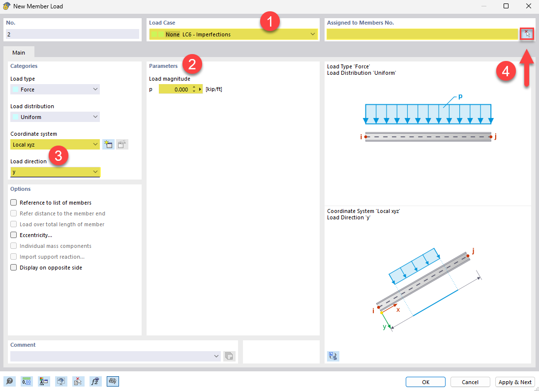 Affichage des charges de barre pour les imperfections dues à la déformation structurelle