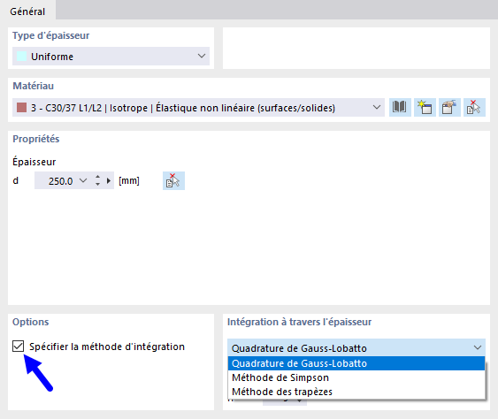 Définir la méthode d’intégration pour l’épaisseur de surface