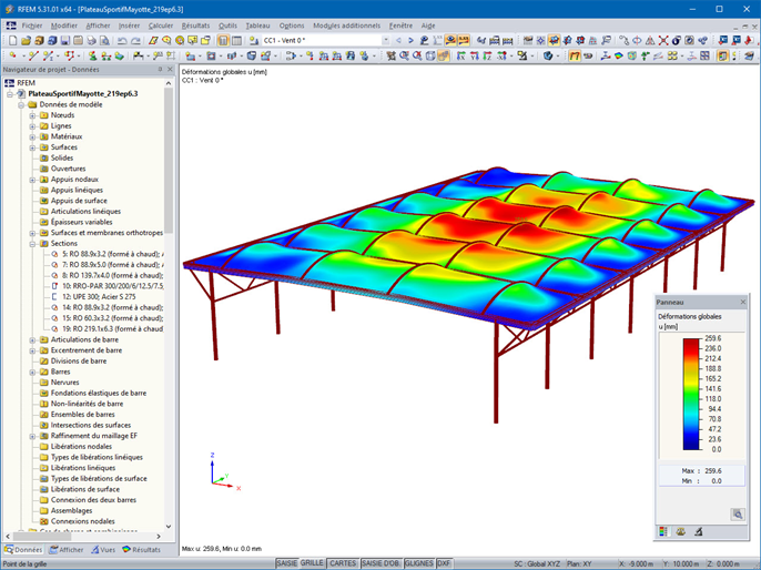 Déformations sous charge de vent dans RFEM 5 (© Normandie Structures)