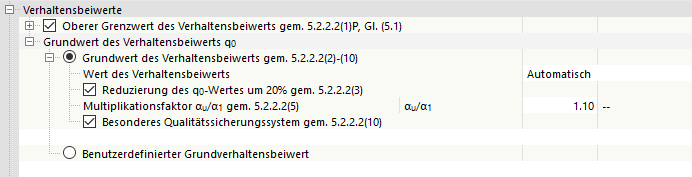 Configuration de sismicité - Valeur de base du coefficient de comportement