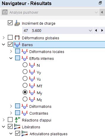 Sélection des efforts internes de barre dans le navigateur