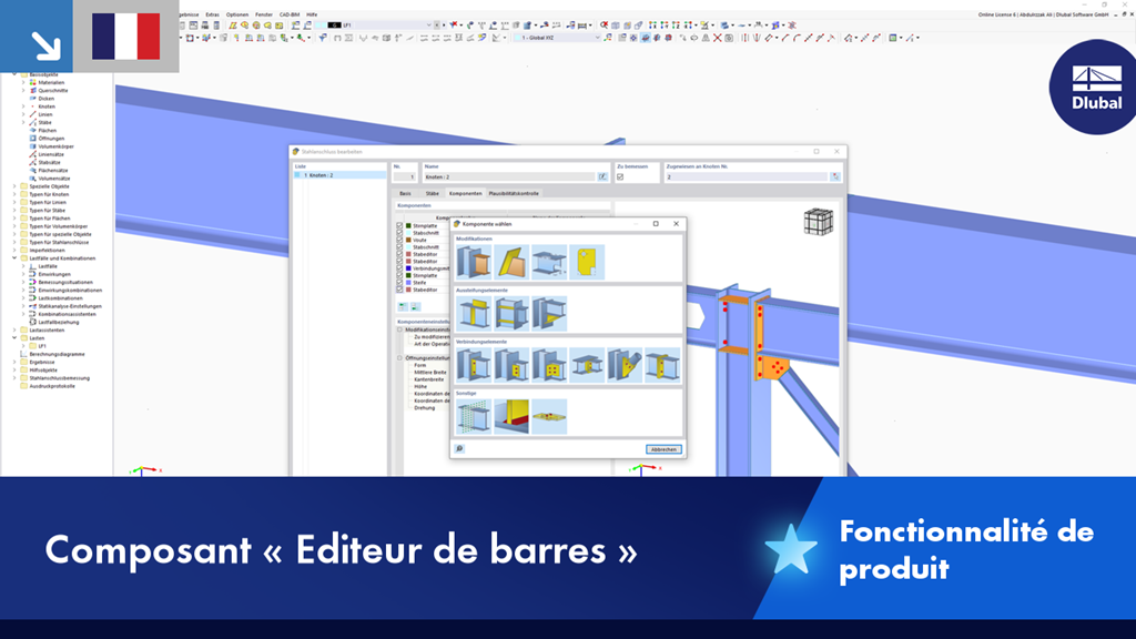 Éditeur de barre affichant les paramètres pour l’analyse linéaire et non linéaire d’une poutre