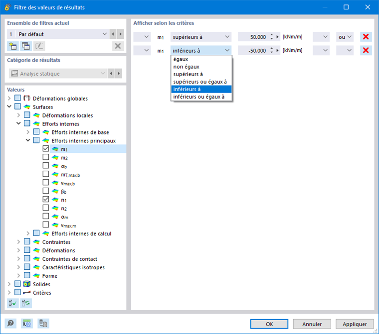 Définition des critères de filtre pour les valeurs de résultat