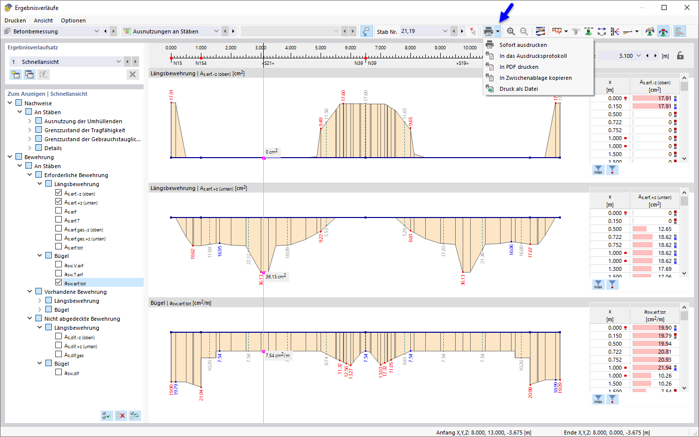 Impression des diagrammes de résultats des armatures