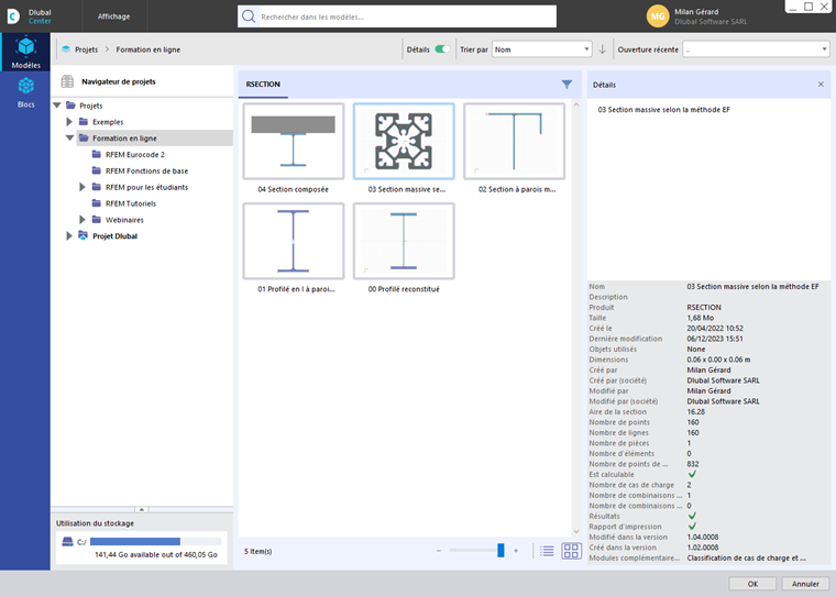 Sélection de la section RSECTION dans le Dlubal Center