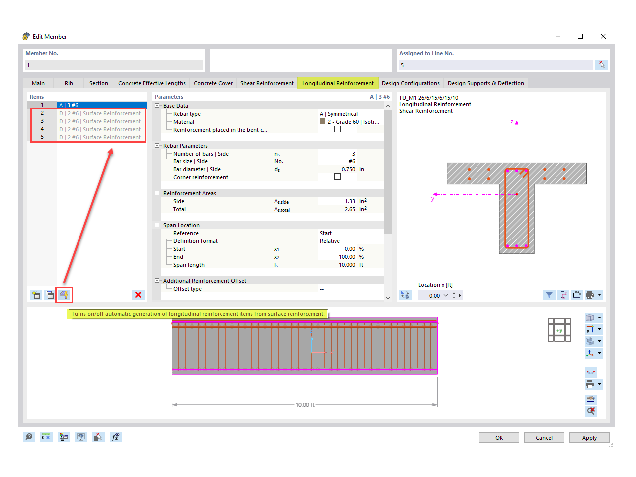 FAQ 005409 | Comment considérer les armatures de surface (dalle) dans le calcul de ma nervure (poutre en T) ?