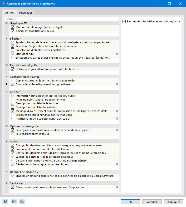 Boîte de dialogue « Options et paramètres du programme », onglet « Options »