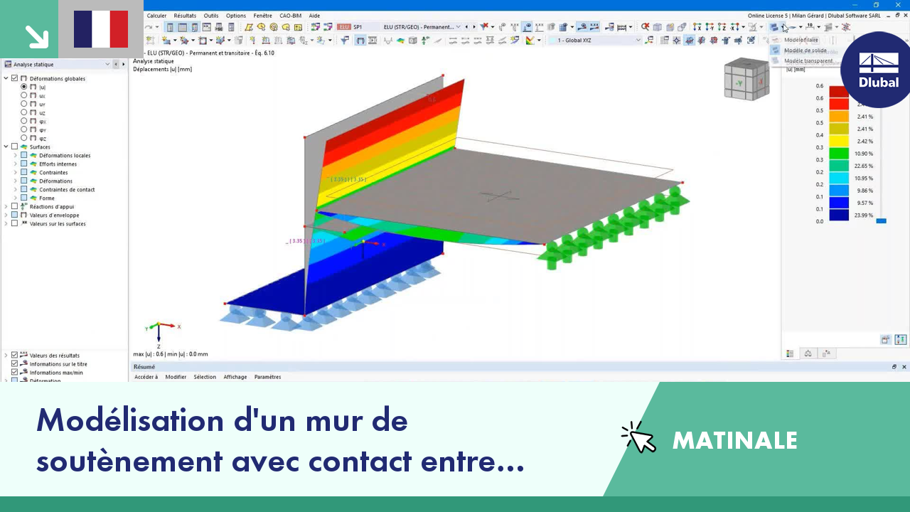 Simulation de structure d'un mur de soutènement avec interactions entre surfaces utilisant la modélisation avancée.