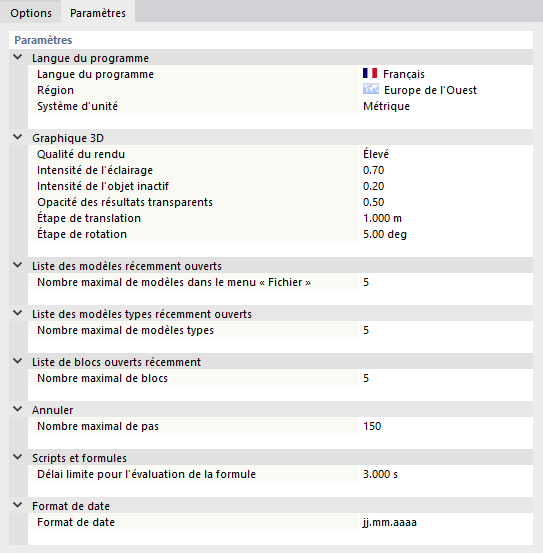 Onglet « Paramètres »