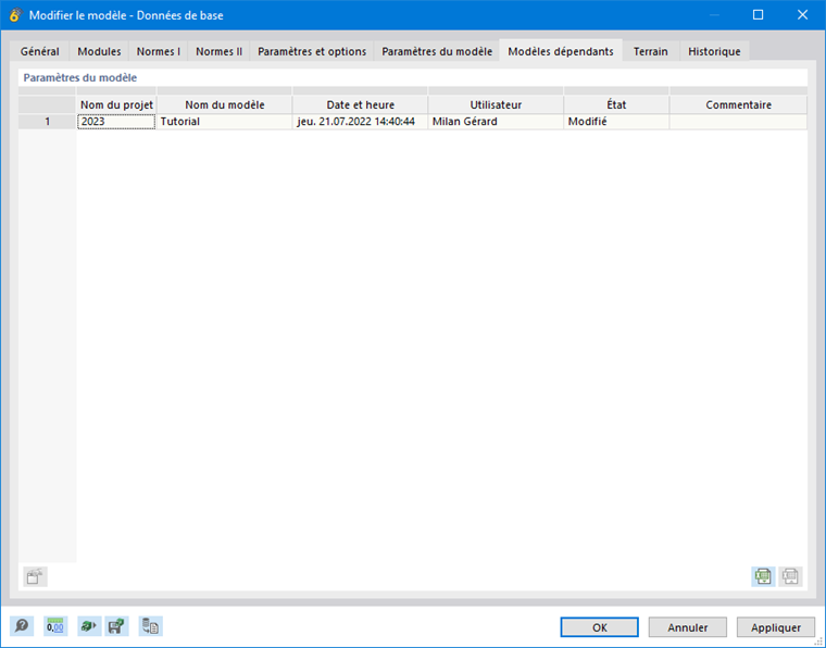 Boîte de dialogue « Modifier le modèle - Données de base », onglet « Modèles dépendants »