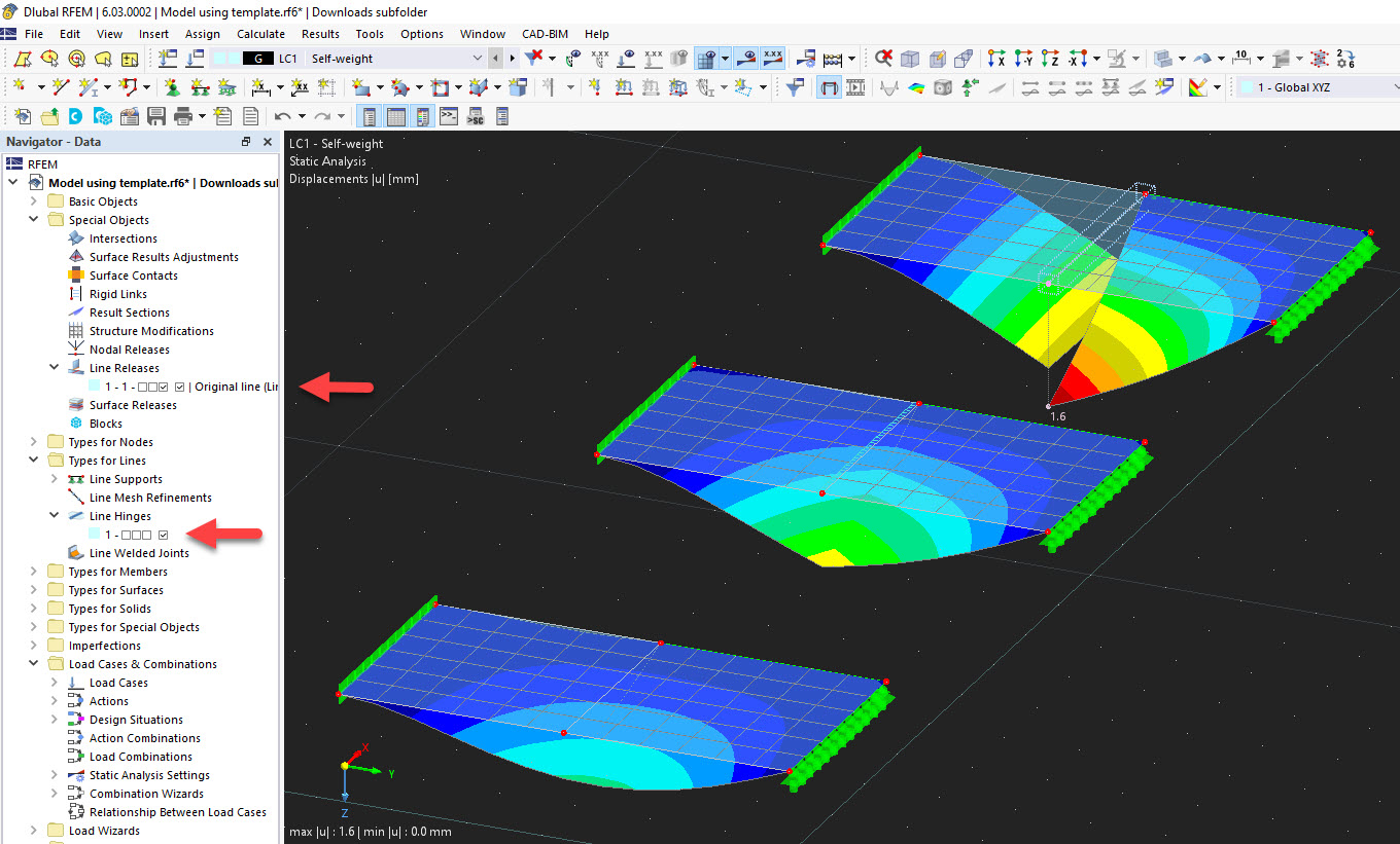 faq 005415 | Comment connecter des surfaces à d'autres surfaces ou barres de manière articulée/semi-rigide dans RFEM 6 ? Qu'est-ce que des articulations linéiques et des libérations linéiques ?
