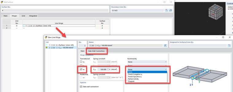 FAQ 005415 | Comment connecter des surfaces à d'autres surfaces ou barres de manière articulée/semi-rigide dans RFEM 6 ? Qu'est-ce que des articulations linéiques et des libérations linéiques ?