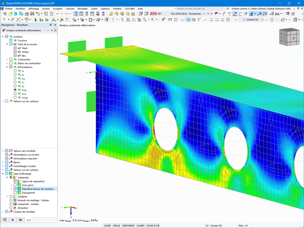 Représentation du calcul contrainte-déformation dans RFEM 6 avec des options pour la détermination de la contrainte maximale et l’optimisation de la section.