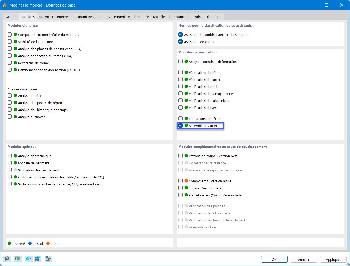 Activation du module complémentaire « Assemblages acier »