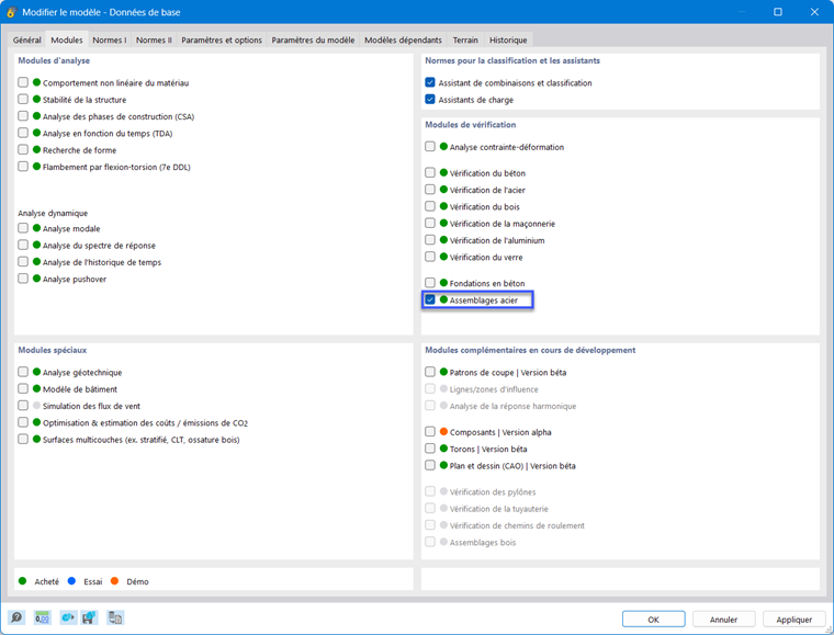 Activation du module complémentaire « Assemblages acier »