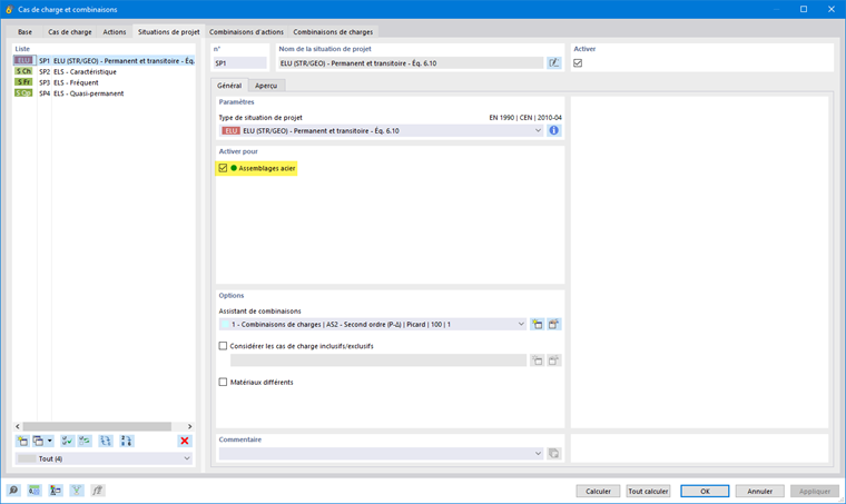 Situation de projet « SP1 » selon l'analyse du second ordre pour la vérification des assemblages acier