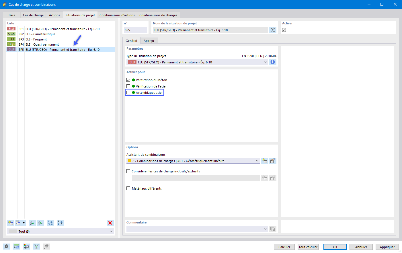 Désactivation de la vérification des assemblages acier pour la situation de projet « SP5 » (facultatif)