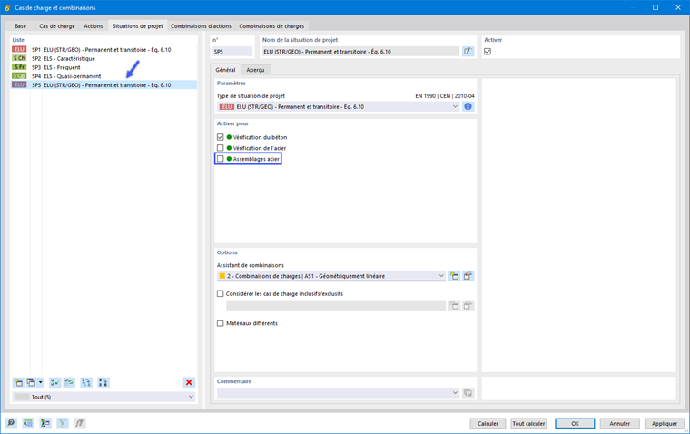 Désactivation de la vérification des assemblages acier pour la situation de projet « SP5 » (facultatif)