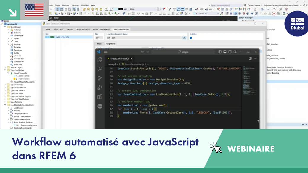 Illustration montrant la mise en œuvre d’un processus automatisé à l’aide de JavaScript dans RFEM 6. Une démonstration de techniques de modélisation avancées dans le cadre d’un webinaire.