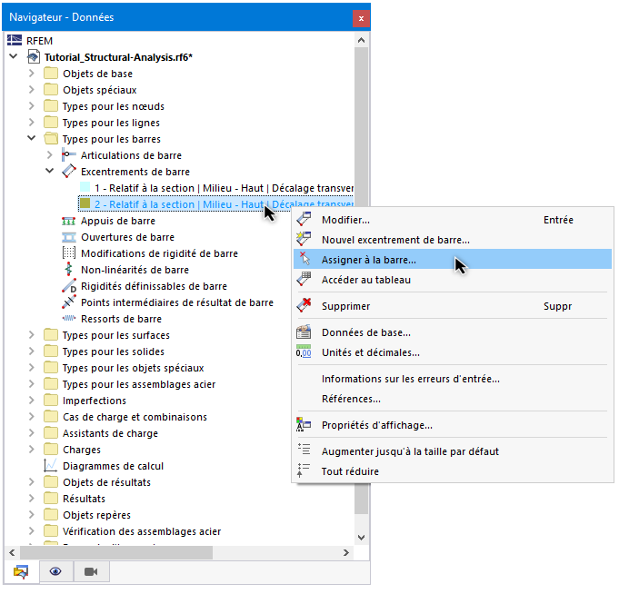 Menu contextuel pour assigner graphiquement l’excentrement de barre