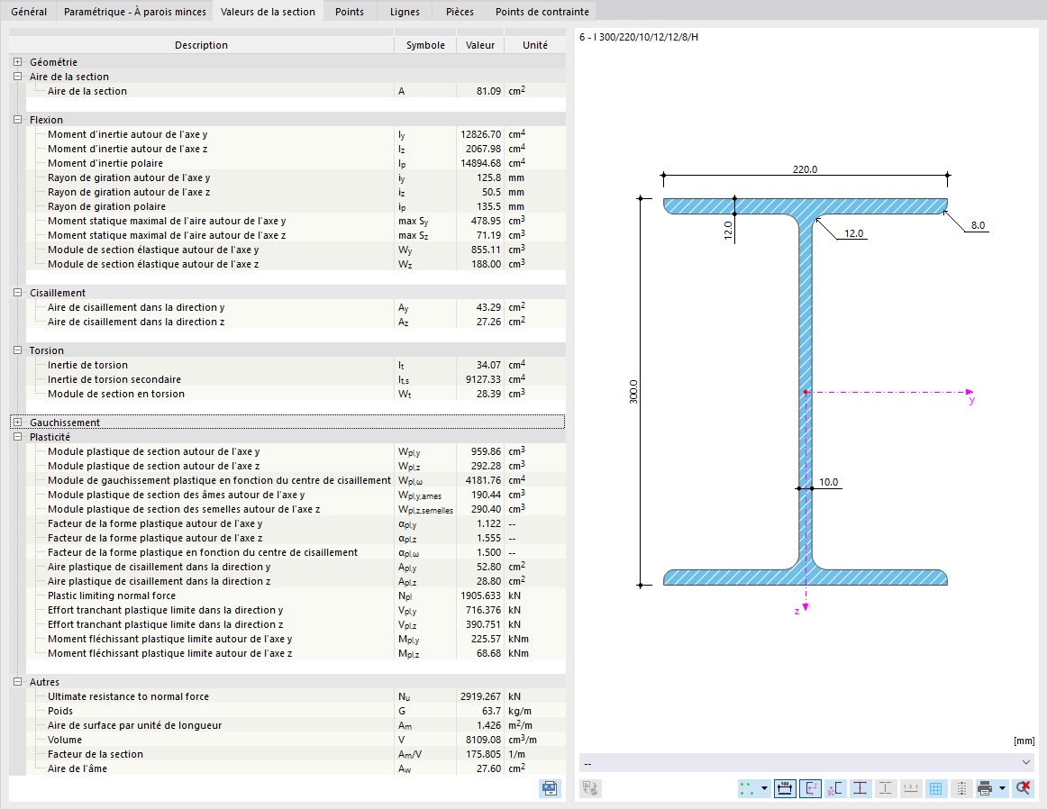Propriétés d’une section paramétrique
