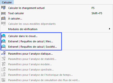 Menu « Calculer » pour les calculs dans le Cloud