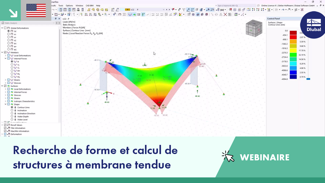 Découvrez en détail le processus de recherche de forme et de calcul des structures (membranes tendues) à l'aide des outils de calcul avancés de RFEM 6.