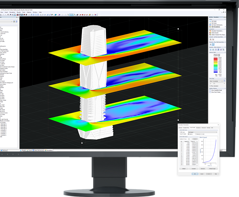 L’image montre une simulation d’un flux de vent transitoire, incompressible et turbulent, calculée avec RWIND 2.