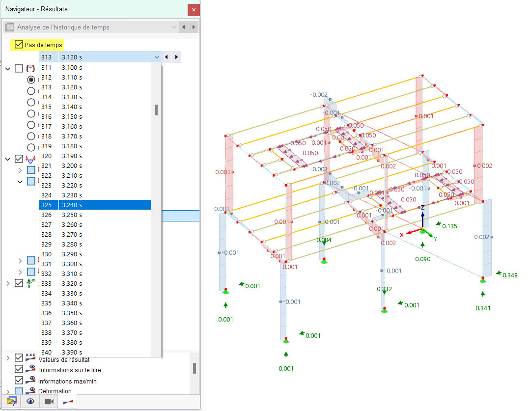 Sélection du pas de temps et affichage des efforts internes dans les barres