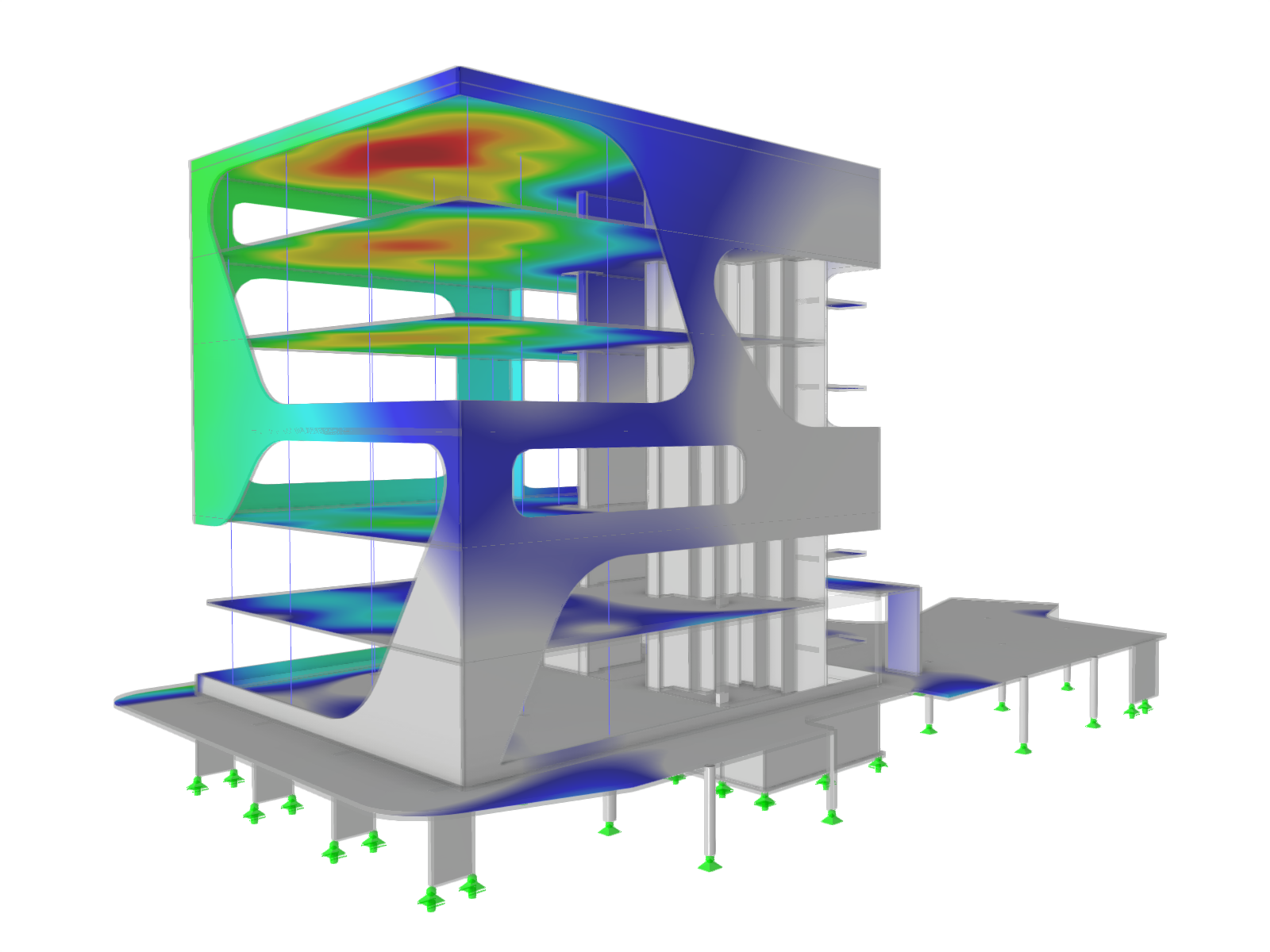 Image du bâtiment de bureaux et administratif FC Campus à Karlsruhe, Allemagne, conçu avec le logiciel RFEM 6, mettant en avant les capacités en Béton.