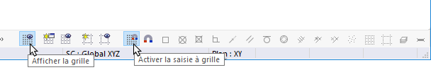 Boutons pour la grille et la saisie de grille dans la barre d’outils de CAO