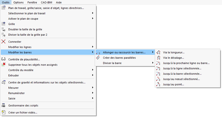 Fonctions du menu pour allonger ou raccourcir les barres