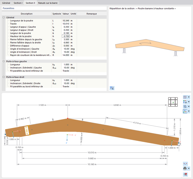 Définition des paramètres d’une poutre banane asymétrique avec des porte-à-faux