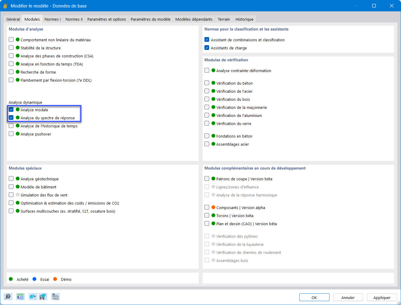 Activation des modules complémentaires « Analyse modale » et « Analyse du spectre de réponse »