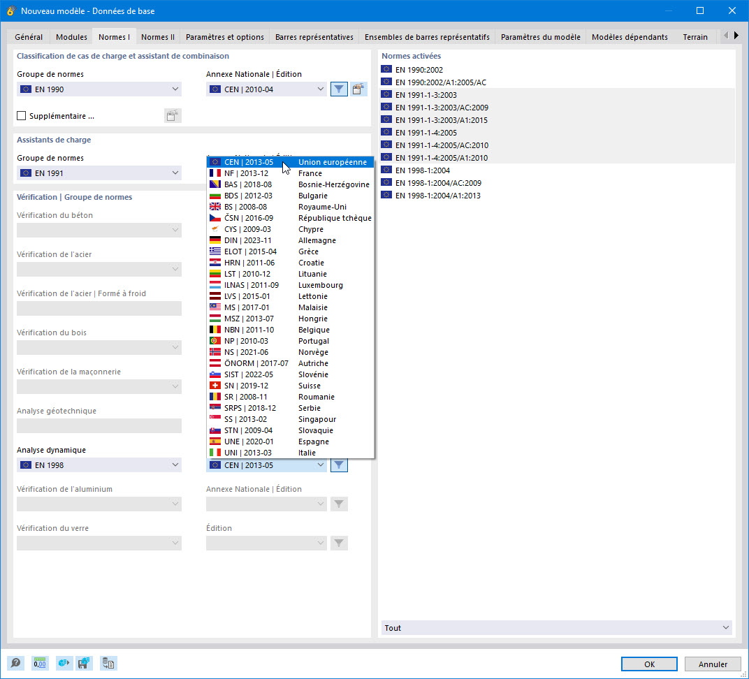 Sélection de la norme et de l’Annexe Nationale pour l’analyse dynamique