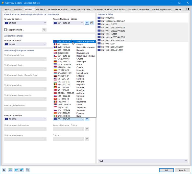 Sélection de la norme et de l’Annexe Nationale pour l’analyse dynamique