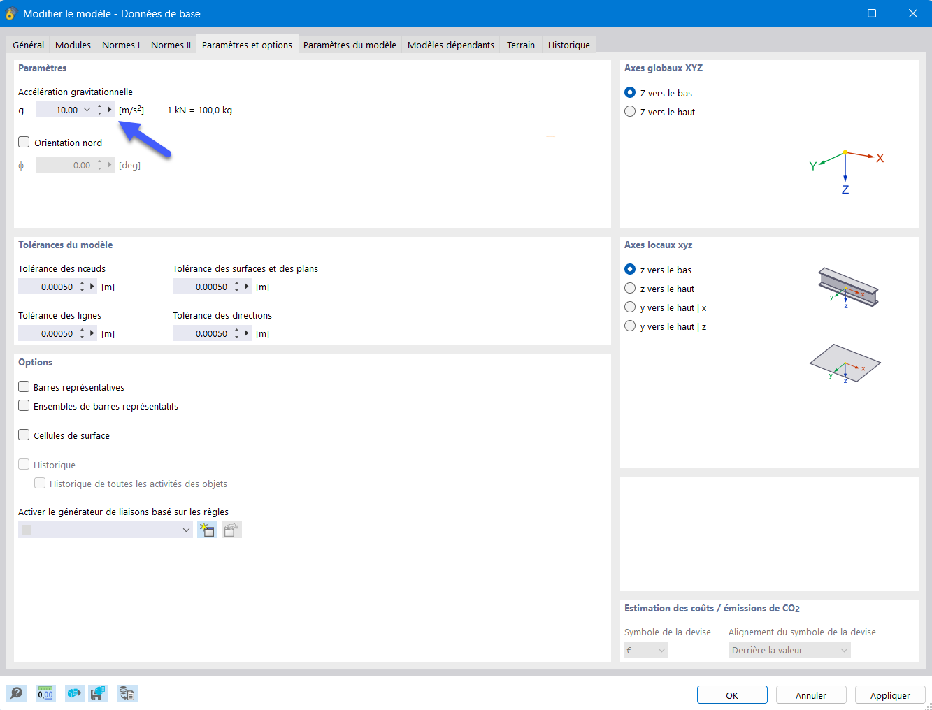 Vérification de la gravité par défaut