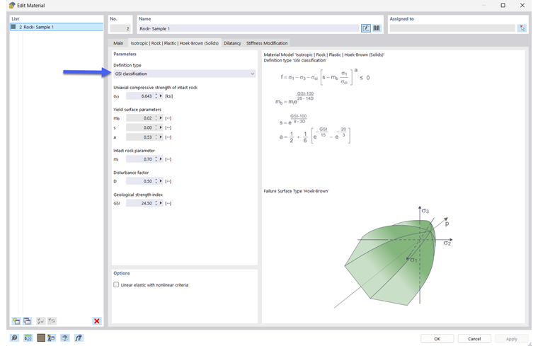 Boîte de dialogue d’entrée - Modèle Hoek-Brown - Valeurs GSI