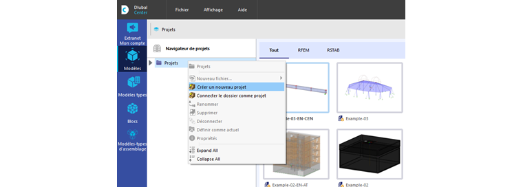 Menu « Fichier » pour les projets