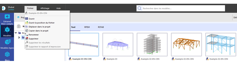 Menu « Fichier » pour les modèles