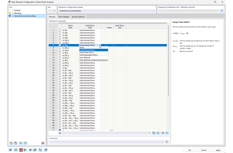 Fenêtre Configuration de barre : Définir les contraintes à calculer