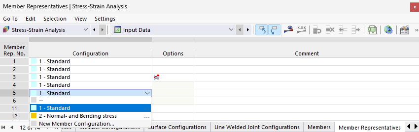 Tableau "Représentants de barres" pour calcul contrainte-déformation