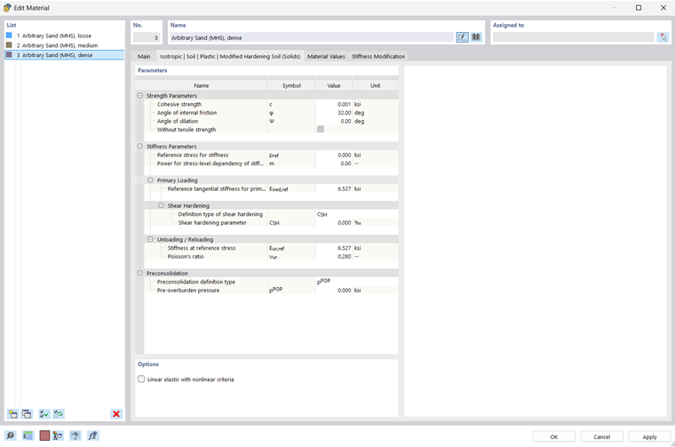 Boîte de dialogue d’entrée - Modification du modèle de sol durcissant