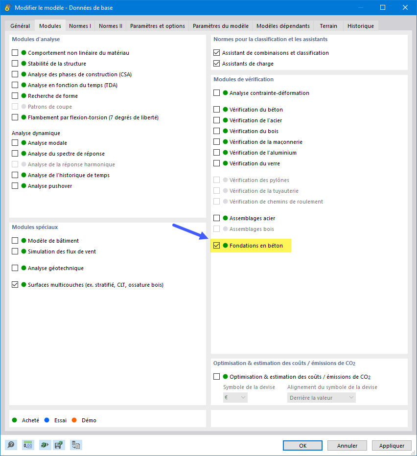 Activer le module complémentaire « Fondations en béton »